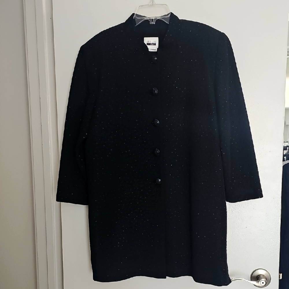 Leslie Fay Vintage Couture Black Textured Top, Jacket Mandarin Collar